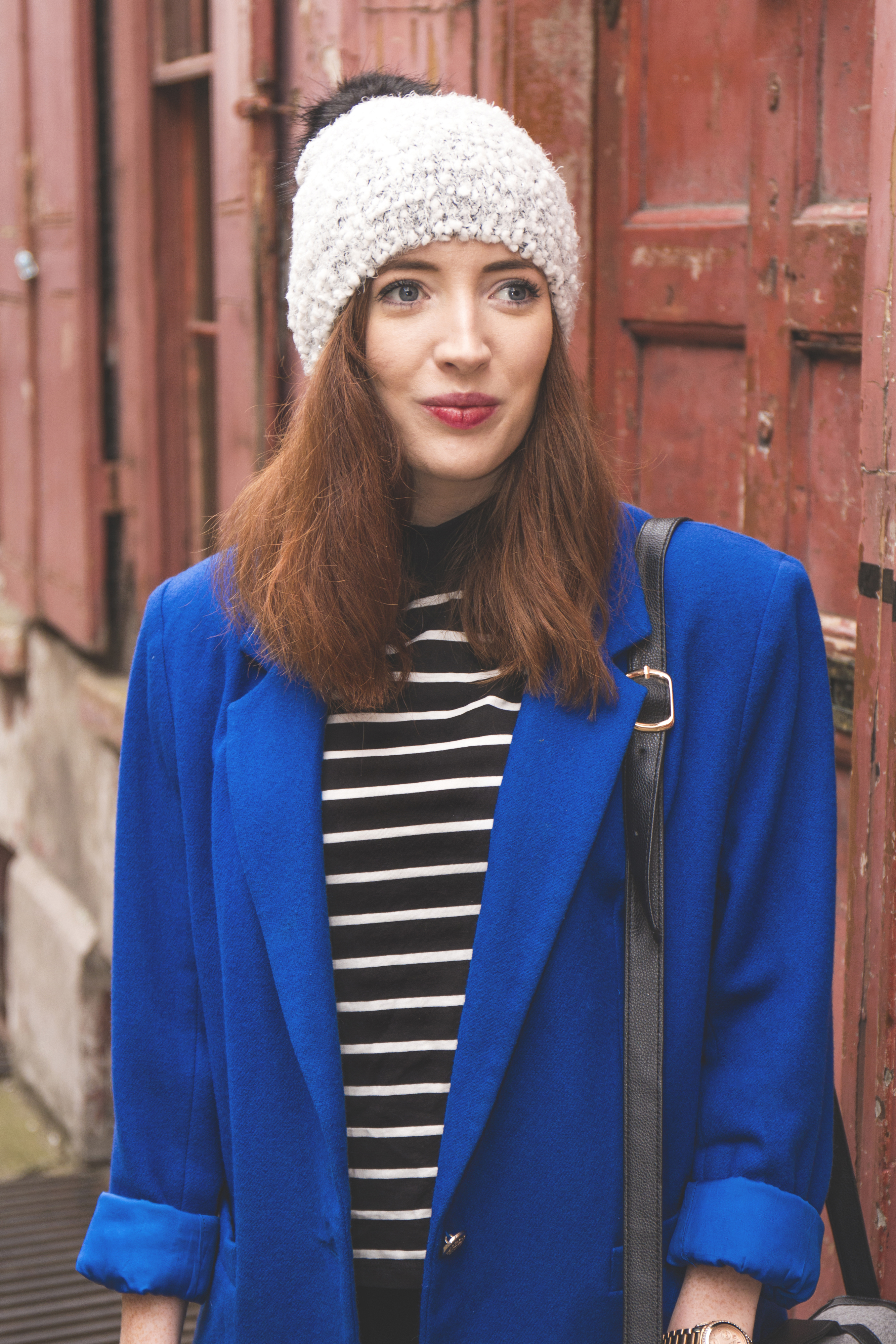 blue vintage coat beanie